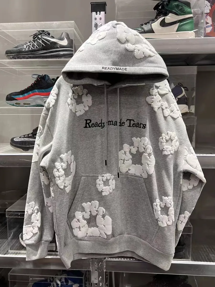 Men`s Autumn and Winter Pants Readymade Foam Flower Co Branded Tears Women Puff Printed Distressed Pullover Embroidery White Kapok Tidal Shorts  hoodie