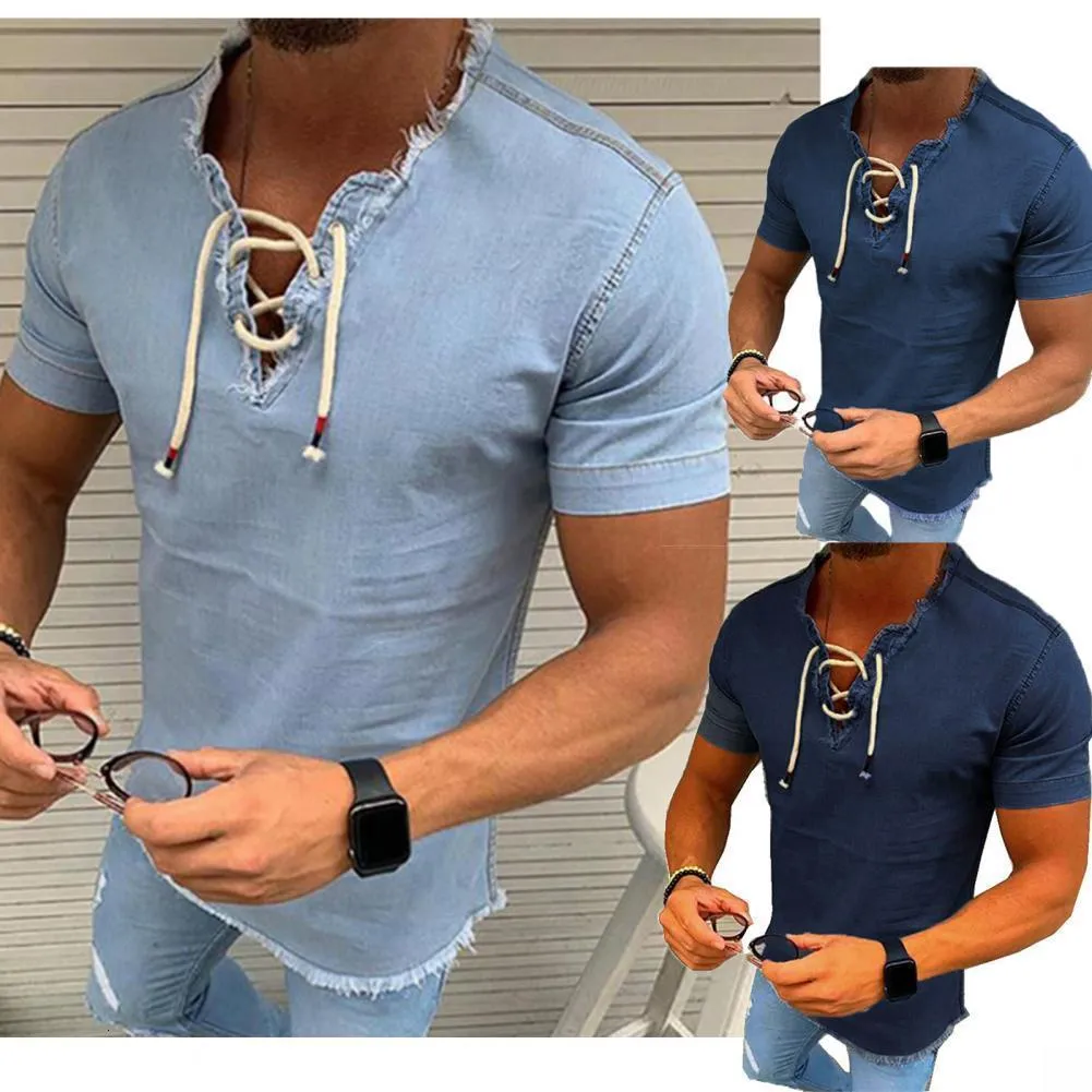 Erkekler Tişörtler Erkekler Vneck Tshirt Out Tehlike Out Gömlek Sıradan Kısa Kollu Yıkama Vintage Denim Bluz Fitness Vücut Geliştirme Üstleri 230410