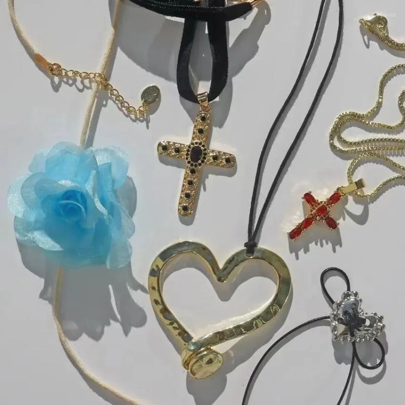 Anhänger Halsketten Kreuz Zirkon Seidenband Halskette Y2K Unregelmäßige Paar Choker Für Frauen Hip Hop Trendy Kristall Herbst Winter Schmuck