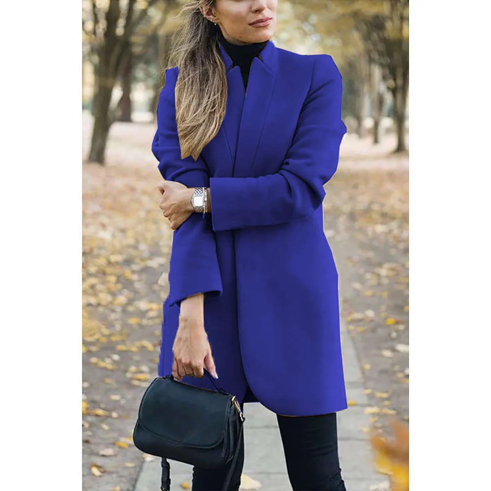 New Women Wool Coat Autumn Winter Fashion Long Sleeve Stand Neck Jackets Plus  Size S 5XL Solid Vintage Female Overcoats From 12,8 €