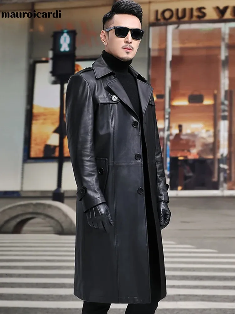 Cappotto da uomo in pelle sintetica Mauroicardi primavera lungo elegante nero impermeabile trench da uomo cintura con risvolto autunno morbido giacca per il 2023 231110