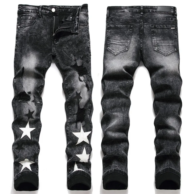 Herren-Designer-Jeans Herren-Jeans-Mann-Hosen Designer schwarz dünne Aufkleber leichte Waschung zerrissene Motorrad-Rock-Männer-Rock-Revival