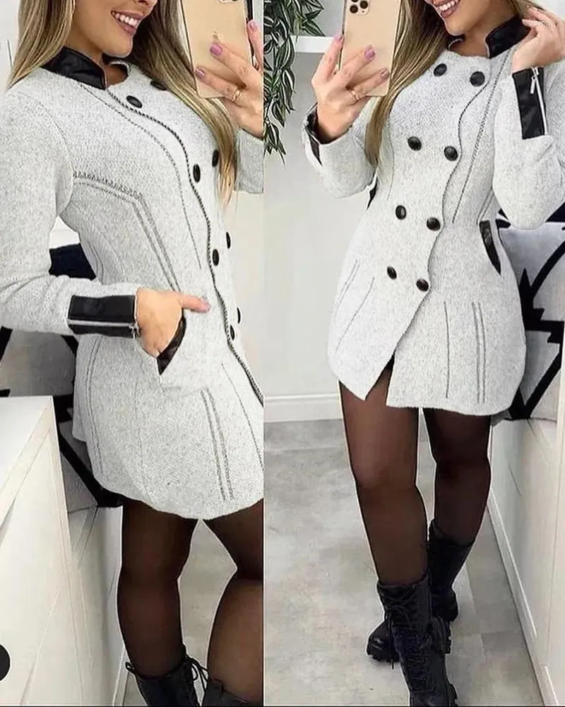 Giacche da donna Cappotto in maglia con design tascabile con pannelli a contrasto Cappotti da donna Cardigan con bottoni doppio petto Colletto rialzato Capispalla Slim Fit