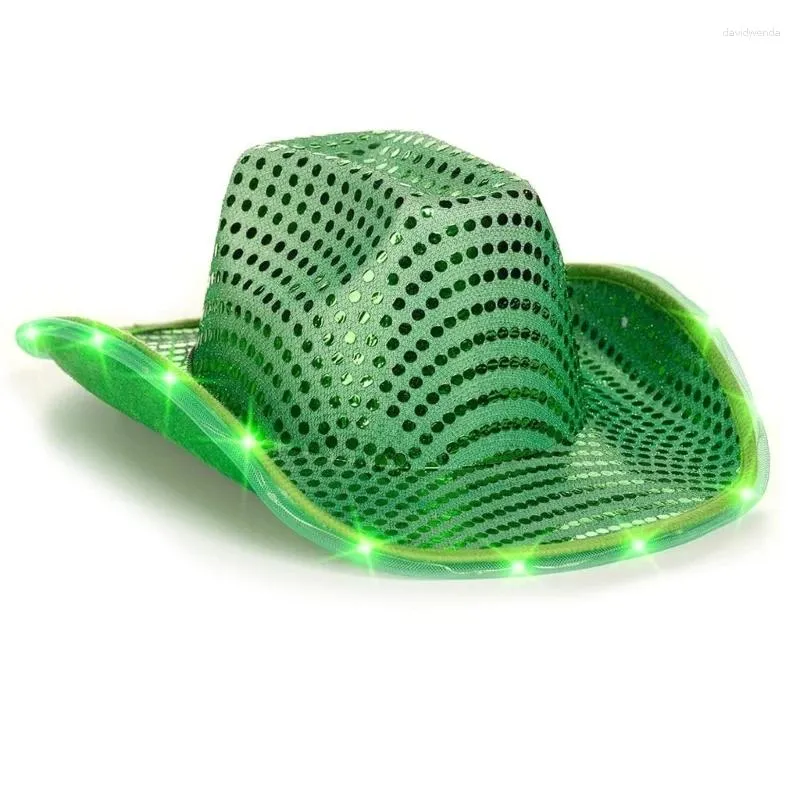 Berets Patrick Illuminated Cowboy Hat With LED Wide Brim Bride Green Sequins Fedoras For Outdoor Poshoots Supplies