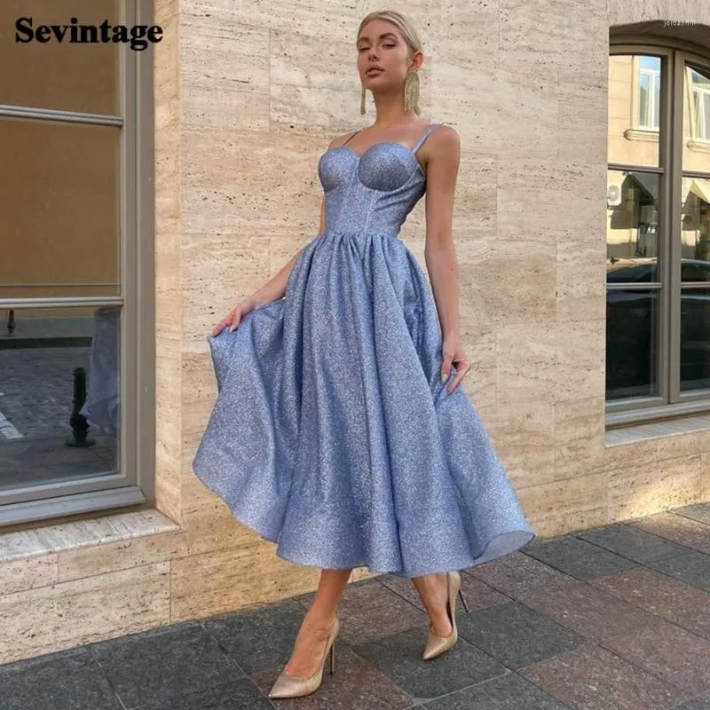 Party Dresses Sevintage Simple Glitter Midi Prom A Line Slit Formal Wedding Gowns Spaghetti Strap -Length Homecoming