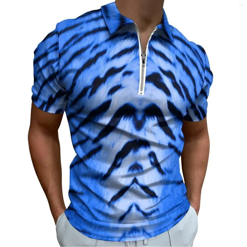 Erkek Polos Tiger Cilt Baskı Gündelik Polo Gömlekler Mavi Çizgili T-Shirts Erkekler Kısa Kollu Tasarım Gömlek Günlük Büyük Boy Giyim Doğum Günü hediyesi