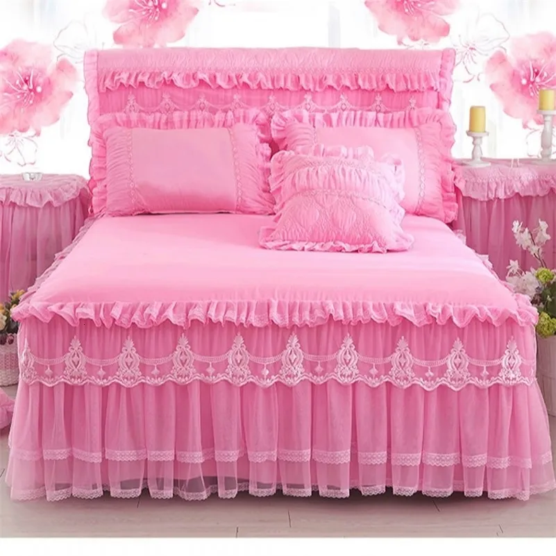 سرير تنورة وردي دانتيل دانتيل الأميرة الفراش تزلج وسادة الصلبة مرتبة اللون فراش الفراش 230410