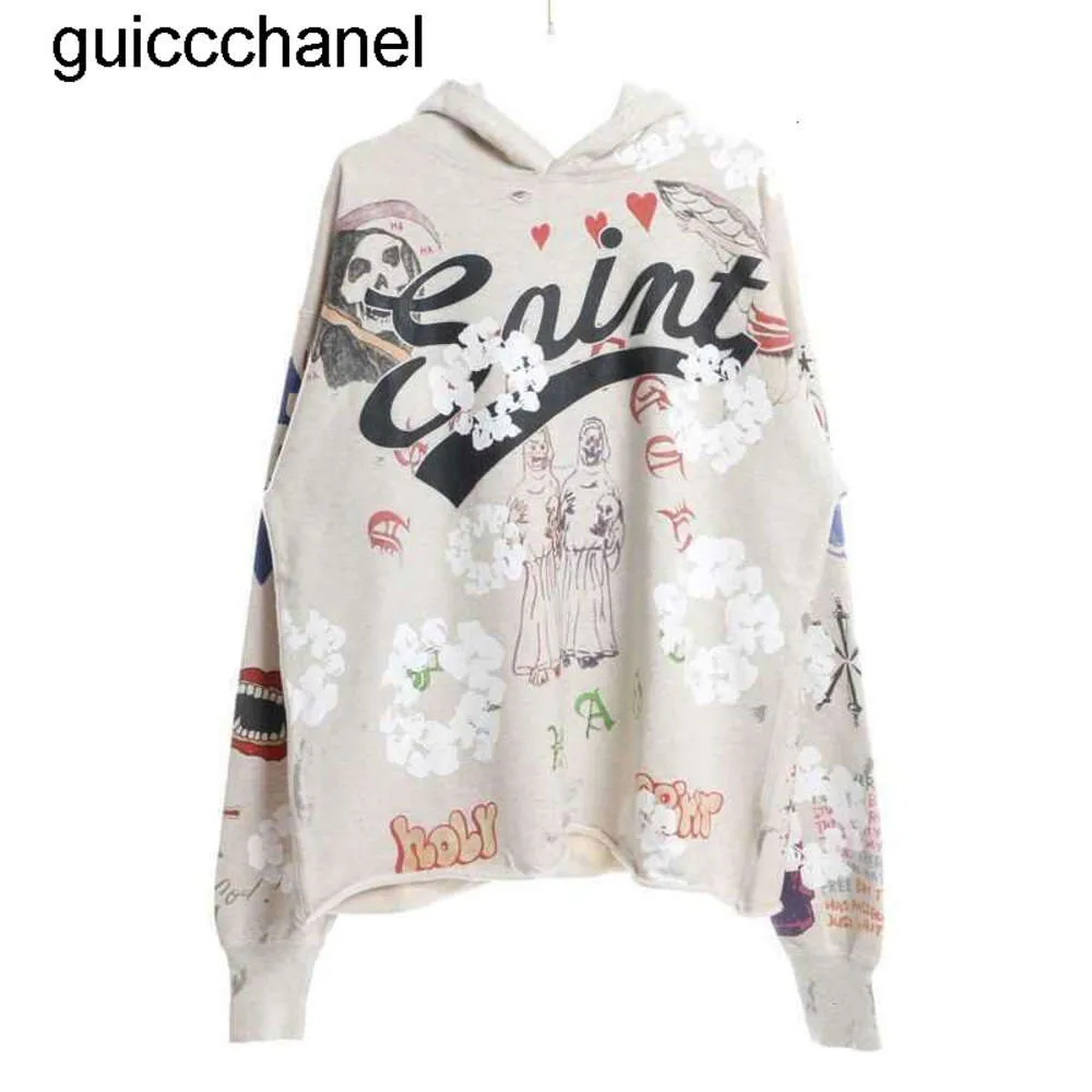 ماركة أزياء مصممة جديدة هوديي القديس مايكل ، 23SS DENIM دموع Kapok Graffiti Printed Trend Mens Hoodie