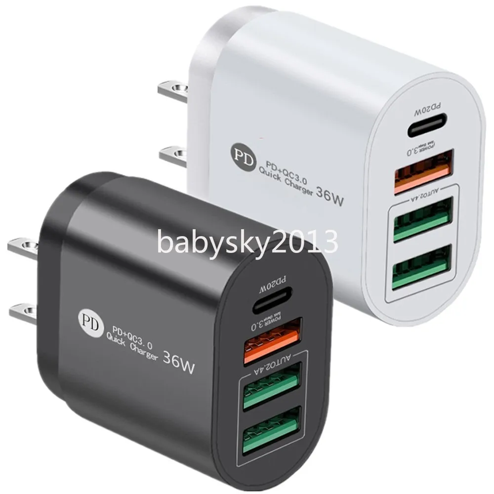 Hızlı Hızlı Şarj Cihazı 36W 4ports PD USB C Şarj Cihazı AB ABD AC Ev Seyahat Gücü Adaptör Duvar Ücretleri İPhone 11 13 14 15 HTC LG B1 Perakende Kutusu ile