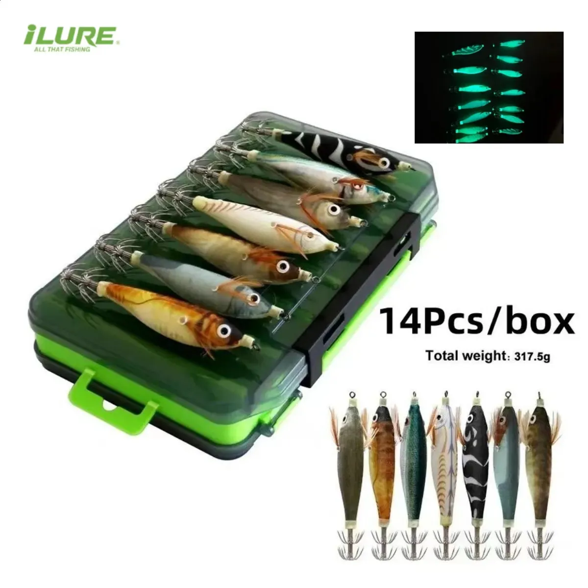 Ganchos de pesca 14 pcs Luminous Horizontal Squid Jig Madeira Camarão Gancho Artificial Isca Polvo Choco Água Salgada Hard Tackle 231109