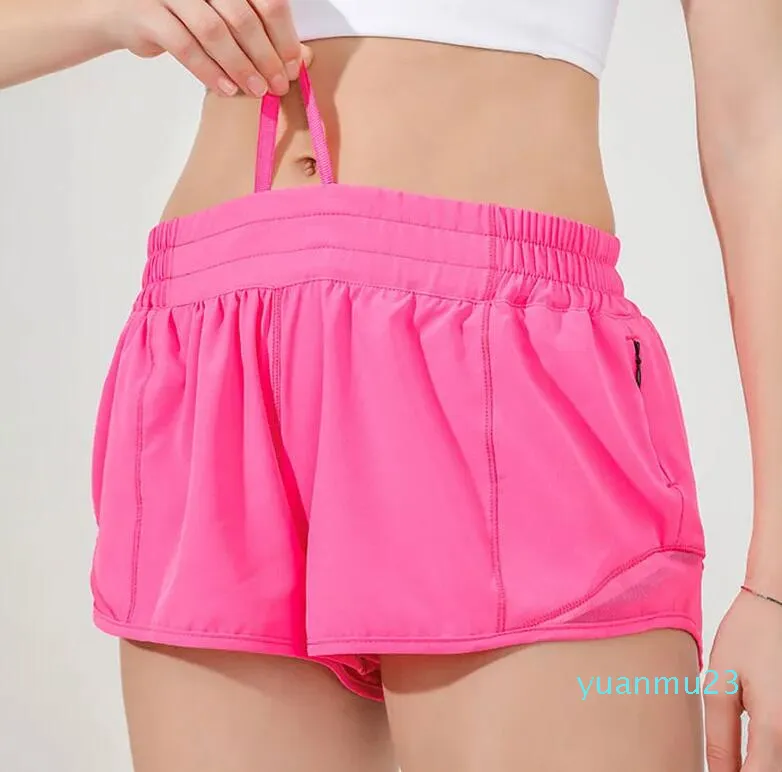 LU LU LEMONS Hot High Rise L respirável de secagem rápida Yoga Shorts forrados esportivos curtos com zíper lateral nos bolsos Calça de moletom de corrida Desenho contínuo