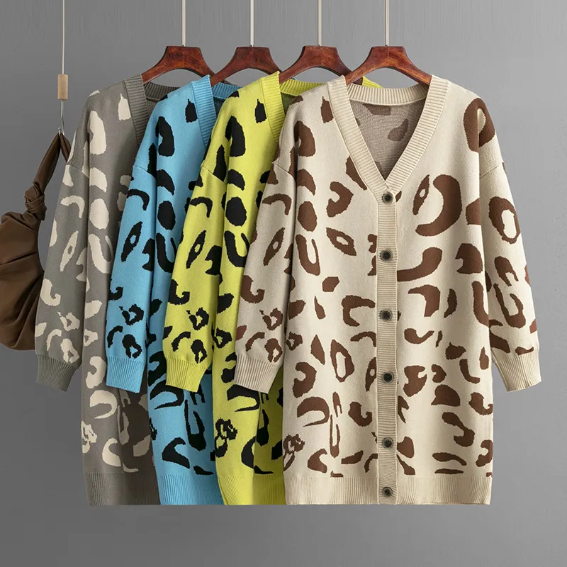 Pull femme tricoté col en v Long léopard ample grande taille unique à manches longues pull femme manteau automne hiver