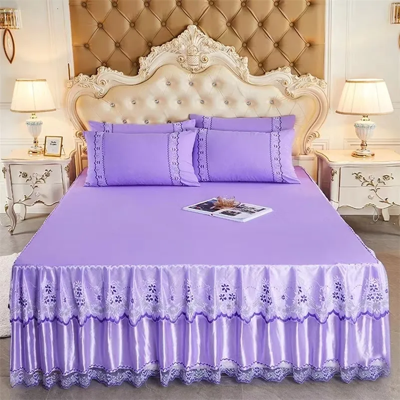 Bed Skirt 3 piece set of solid color luxury princess romantic bed soft lace bed leather king size bed with 2 pillowcases 230410