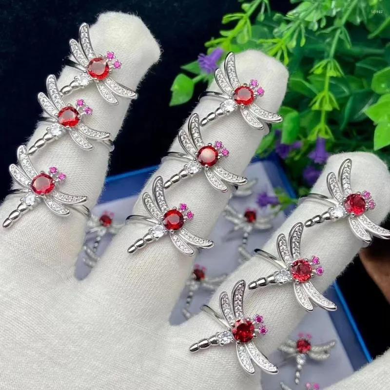 Cluster Rings 10st Original Natural Garnet Dragonfly Ring for Women Fashion Healing Gemstone Justerbara Glamour Fingour Smyckespresenter