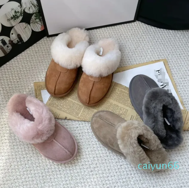 Women Platform Slippers Disquette Slipper Classic Mini Ultra Boot Fur Slides Sheepskin Funkette Suede Upper Sandal Mules Winter Warm Shoes
