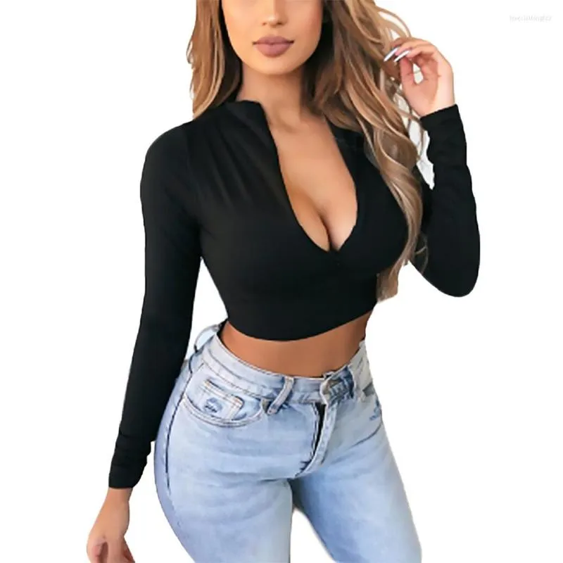 Women's T Shirts Women Summer Solid Color Sexy V-Neck Long Sleeve T-Shirts Short Tops Ladies Fashion Casual Tees