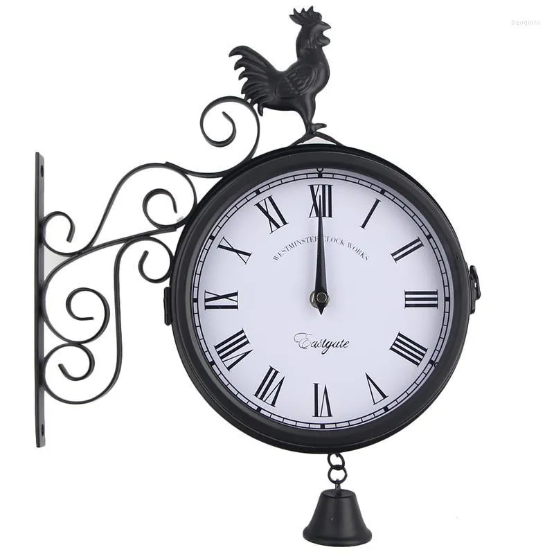 Wall Clocks Outdoor Wrought Iron Garden Clock Innovative Fashion Double Face Cockerel Bell Shape Hanging Watch