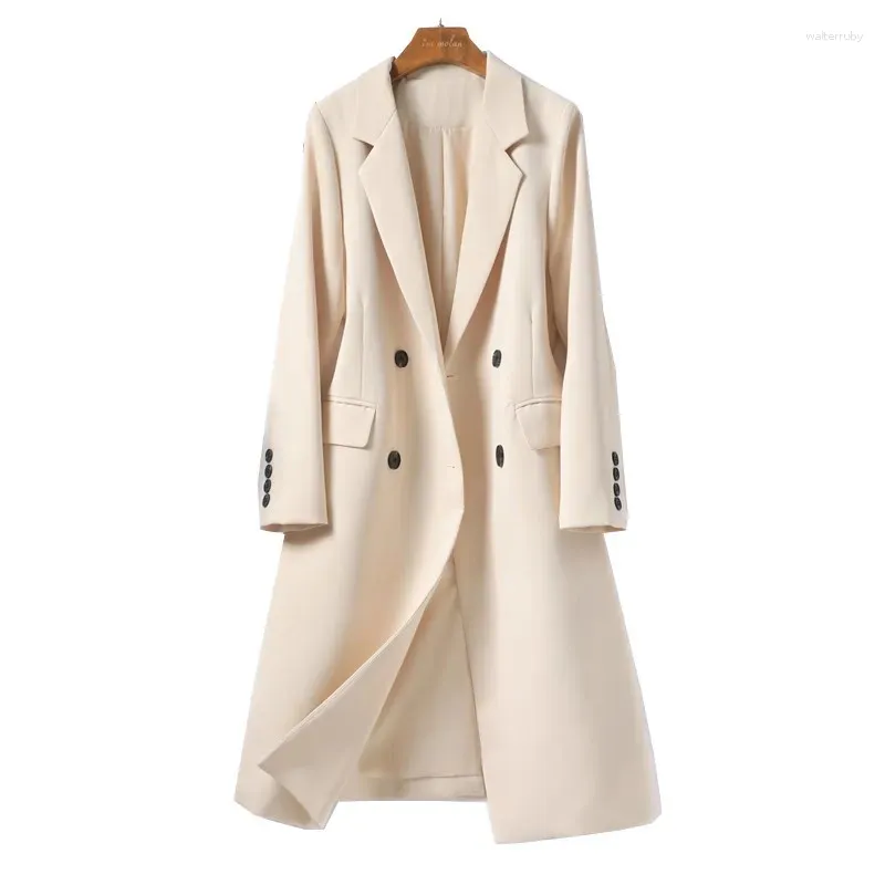 Costumes pour femmes Femmes Long Blazers Beige Café Noir Chic Steetwear Costume à double boutonnage Vêtements d'extérieur élégants 2023 Arrivées Femme Tissu