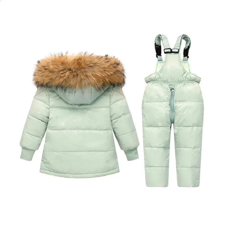 SANMIO Baby Boys Girls Two Piece Snowsuit, Toddler Winter Hooded Puffer Down Jacket Coat With Ski Bib