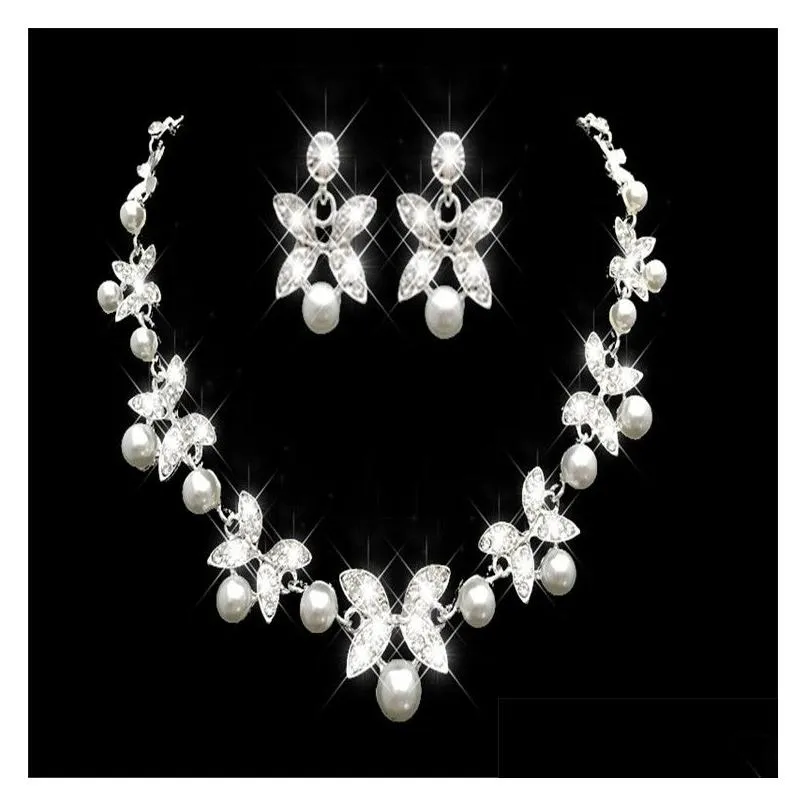 Smycken strass faux pärlor brud smycken set örhängen halsband kristall prom party tävling flickor bröllopstillbehör i drop deli dhy7b