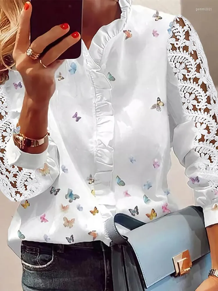 Blouses pour femmes mode imprimé Blouse femmes élégant papillon dentelle petit haut à volants décontracté à manches longues blanc Blusa Feminina