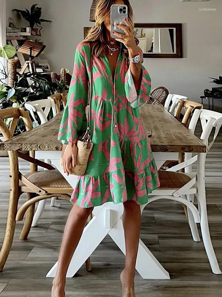 Elegancka sukienka z nadrukiem Boho damska dekolt w serek Flare Sleeve Casual luźna sukienka trapezowa wiosenna damska koszula wakacyjna sukienki Vestidos