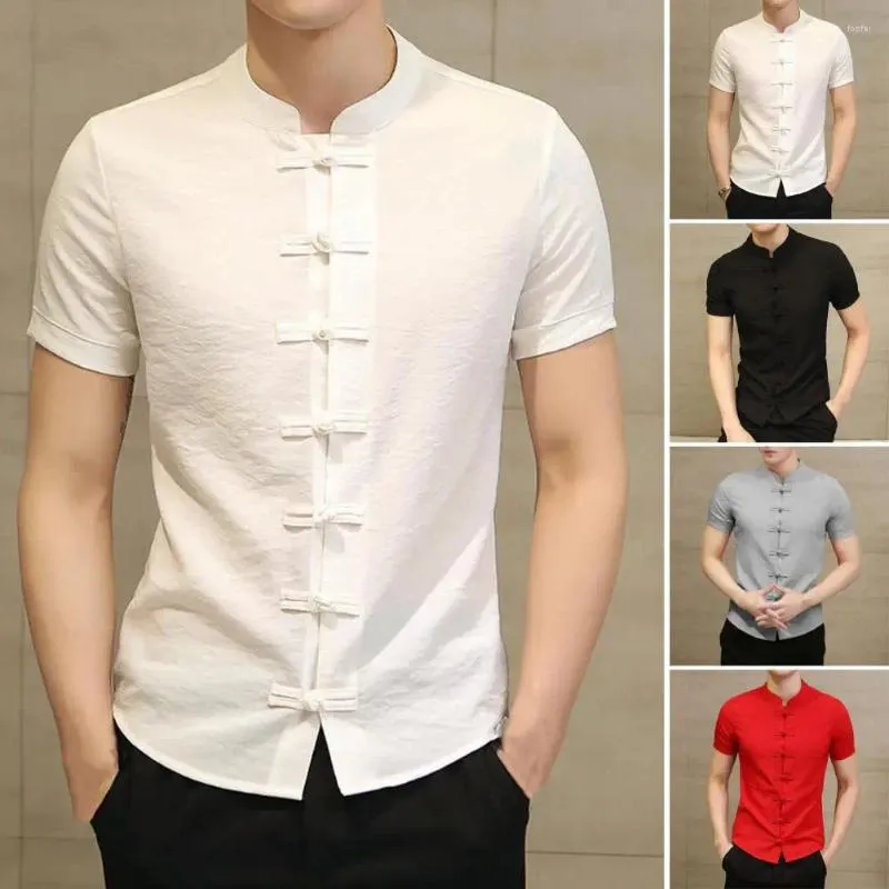 Chemises décontractées pour hommes Chemise d'été pour hommes Col montant Manches courtes Boutons de noeud de couleur unie Port quotidien Vêtements traditionnels chinois Style vintage