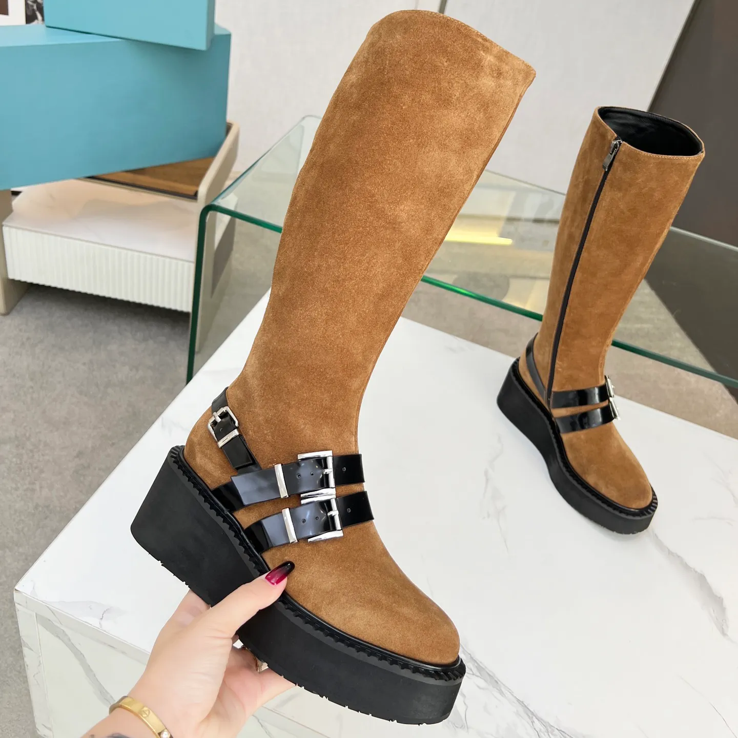 nieuwe designerlaars Herfst winter Dijhoge laarzen Platform Chelsea wedge boots dames lederen laars double-breasted Koeienhuid suède mode schoenen voor dames maat 35-41