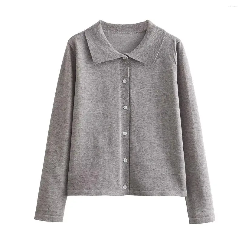 Women's Knits TRAFZA 2024 Autumn Cropped Knitted Cardigan For Women Long Sleeve Grey Knit Set Button Elegant Woman Sweater Crop Top