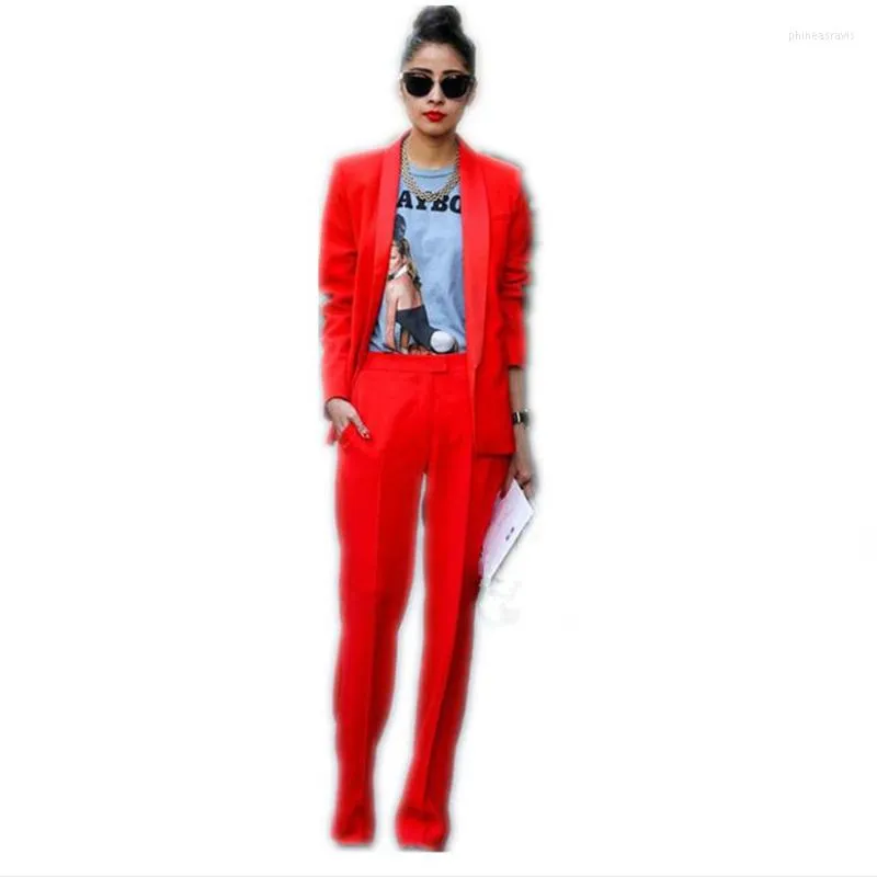 Dames tweedelige broek jas Red Women Business Suits Blazer vrouwelijk kantoor uniform 2 dames winter formeel broekpak