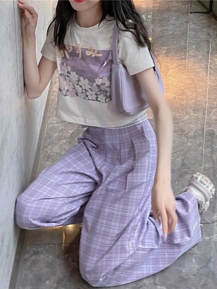 Women's Pants s HOUZHOU Korean Fashion Purple Plaid Pant Kawaii Soft Girl Oversize High Waist Wide Leg Checked Trousers For Female 230410