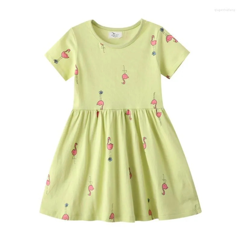 Girl Dresses Jumping Meters Summer Princess Girls Animals Flamingo Print Cotton Short Sleeve Kids Frocks Children's Costume