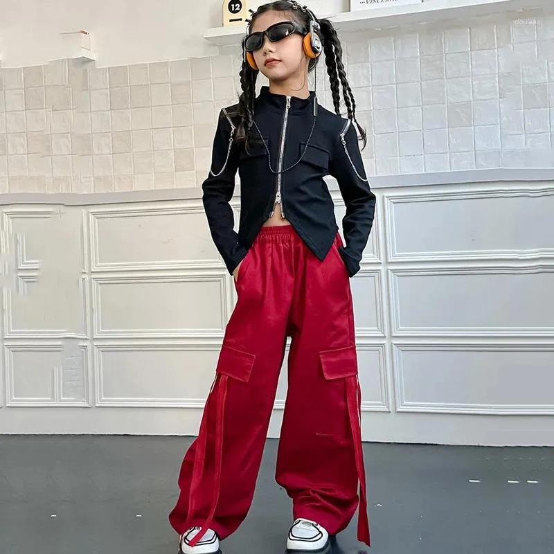 Stage Wear Filles Jazz Danse Tenues Noir Chemises À Manches Longues Pantalon Cargo Rouge Streetwear Enfants Salle De Bal Hip Hop Vêtements De Danse DQS14278