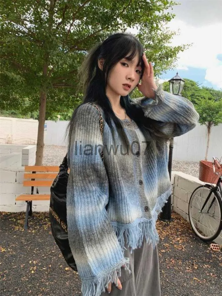 Dames Truien Y2K Kwastje Trui Vest Dames Harajuku Vintage Tie Dye Gebreid Crop Jacket Herfst Koreaanse Losse Gothic Knitwear Top Coat 2023 J231110