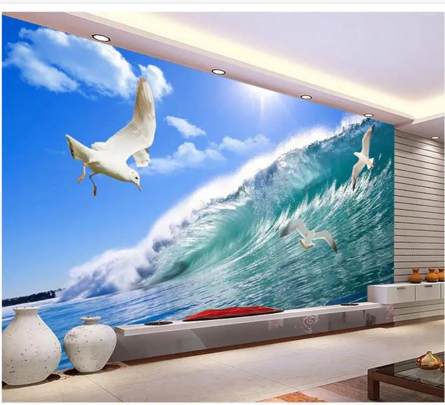 Fonds d'écran Peinture classique Papier peint Living 3D Waves Peintures murales décoratives Spray Mural