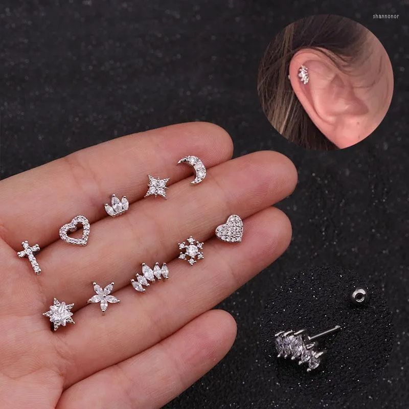 Boucles d'oreilles à tige 1Pc couleur argent CZ Cartilage boucle d'oreille en acier inoxydable coeur lune petite conque Tragus Piercing bijoux