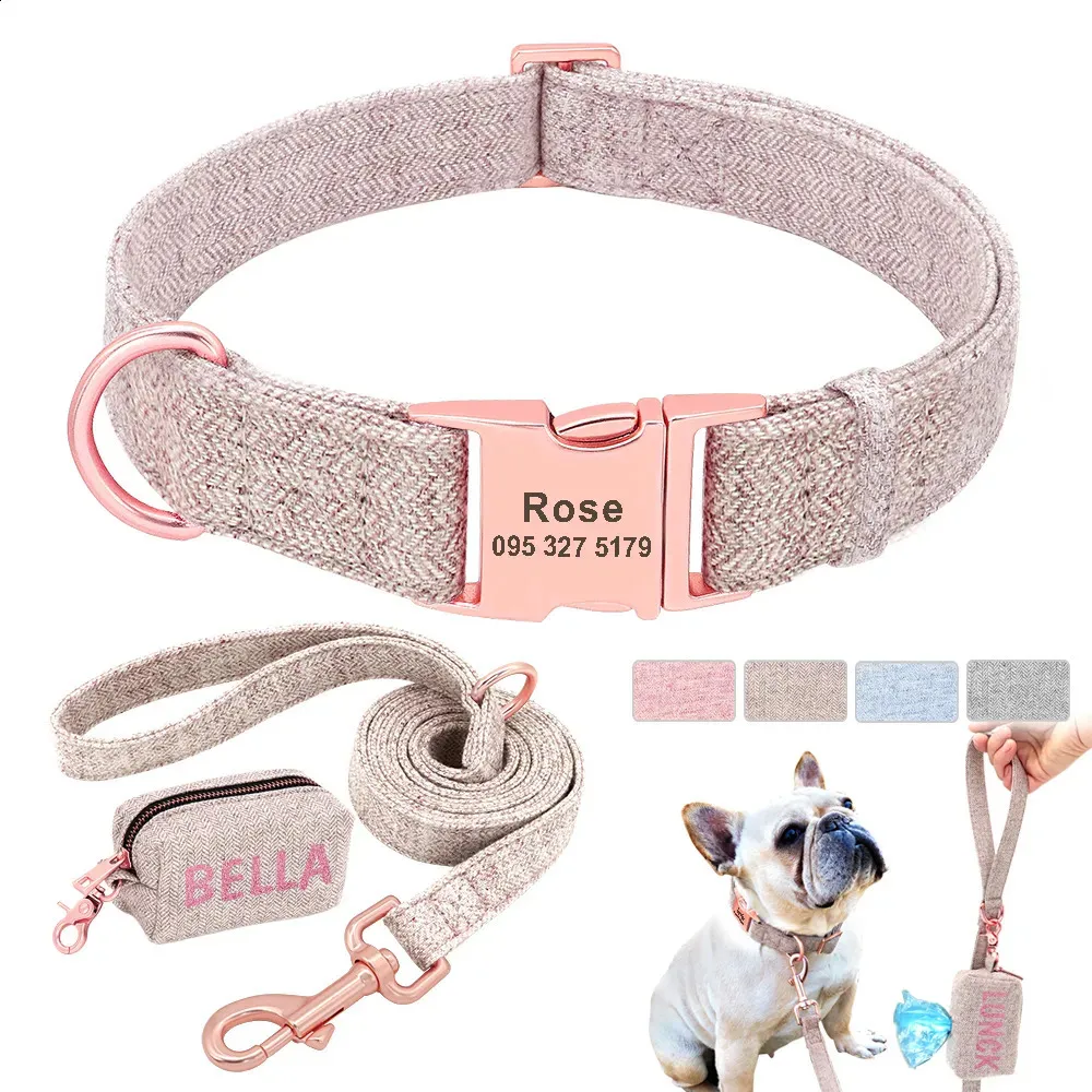 Dog Collars Leashes Personalized Dog Collar Leash Set Custom Pet Poop Bag For Small Medium Large Dogs Outdoor Puppy Garbage Bags Pet Supplies Pug 231110