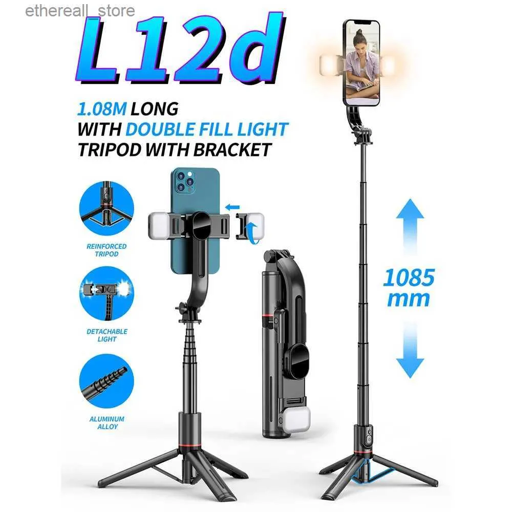 Selfie Monopods New L12d Foldable Wireless Bluetooth Aluminum Selfie Stick Tripod with Remote Shutter Fill Light for iPhone Android Phone Q231110