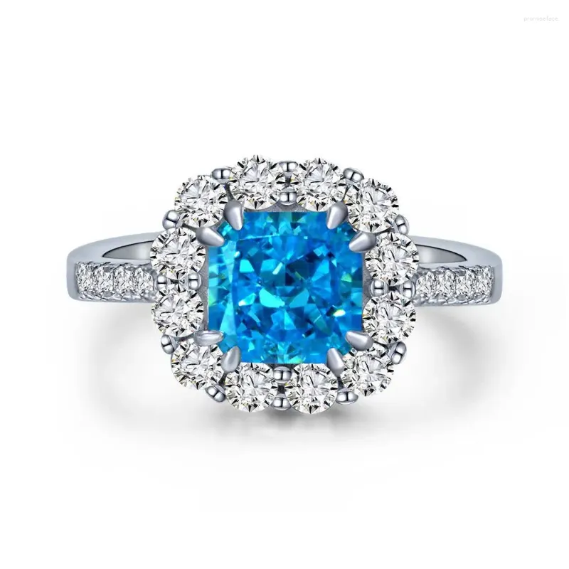 Cluster Rings S925 Silver Ring Aquamarine 7 Blomma Cut Opening Justering SMyckes Lady 5A Zircon