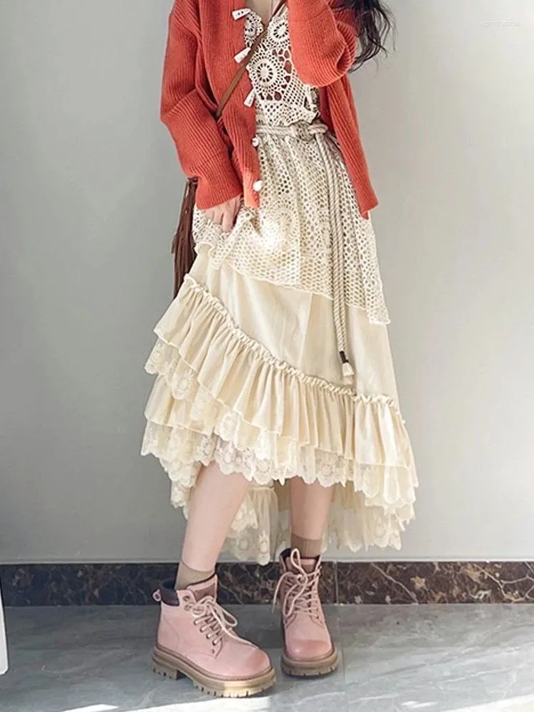 Kjolar vinter japansk spets elegant y2k kjol kvinnor ruched vintage lolita midi kvinnlig koreansk mode retro designer 2023