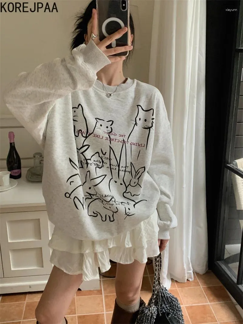 Women's Hoodies Korejpaa Casual Cute Printed Sweatshirts Women Korean Fashion Round Neck Pull Outwear Loose Wild Pullover Clothes