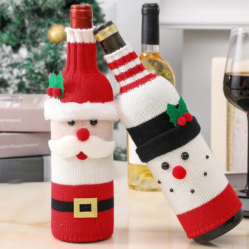 Set di bottiglie di vino di Natale lavorato a maglia di cartone animato Copribottiglie di vino rosso Decorazioni Babbo Natale Elk Forniture di prodotti natalizi Natale