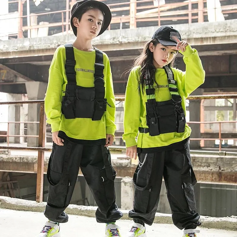 Stage Wear 2023 Boys Hip Hop Costume Loose Green Swet Black Cargo Pants Girls Jazz Street Dance Performance Suit Kpop Bl