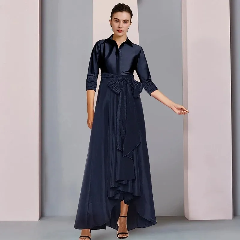 Elegant Navy Blue A-Line Mother of the Bride Groom Dress 2024 Shirt Collar Floor Length Satin Sash Wedding Party Gowns Plus Size