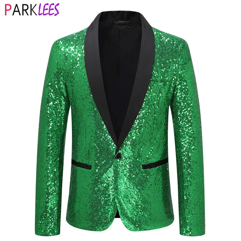 Costumes pour hommes Blazers Brillant Vert Paillettes Disco Glitter Party Blazer pour Hommes De Noël Mardi Gras Halloween Costume Dîner De Mariage Costume De Bal Veste 2XL 231110