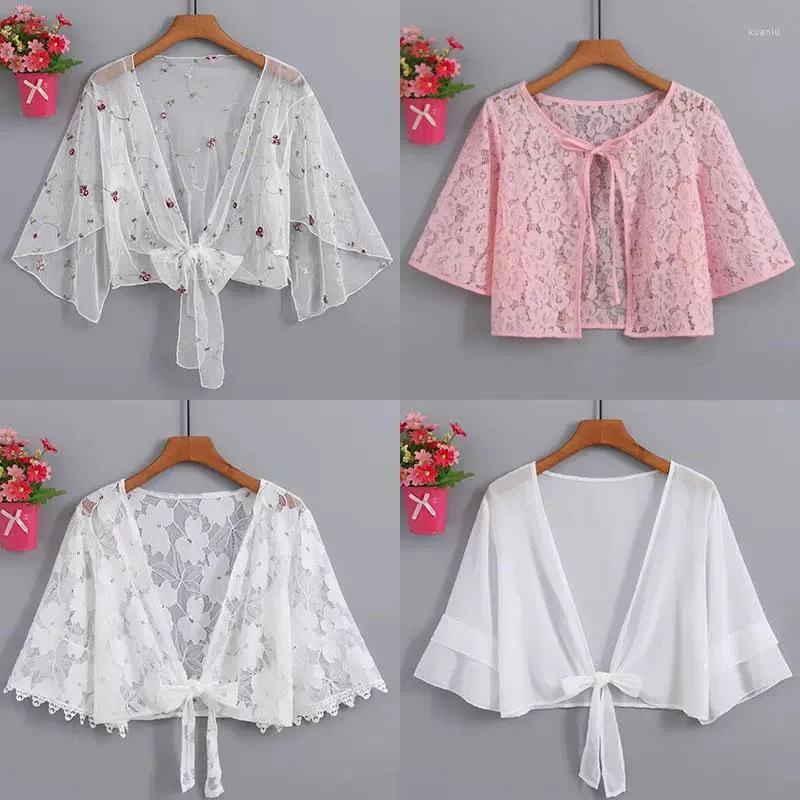 Women's Blouses Summer Women Chiffon Blouse In Floral 2023 V Neck Tie Waist Cardogan Shirt Flare Sleeve Top Lace Beach Cover Up