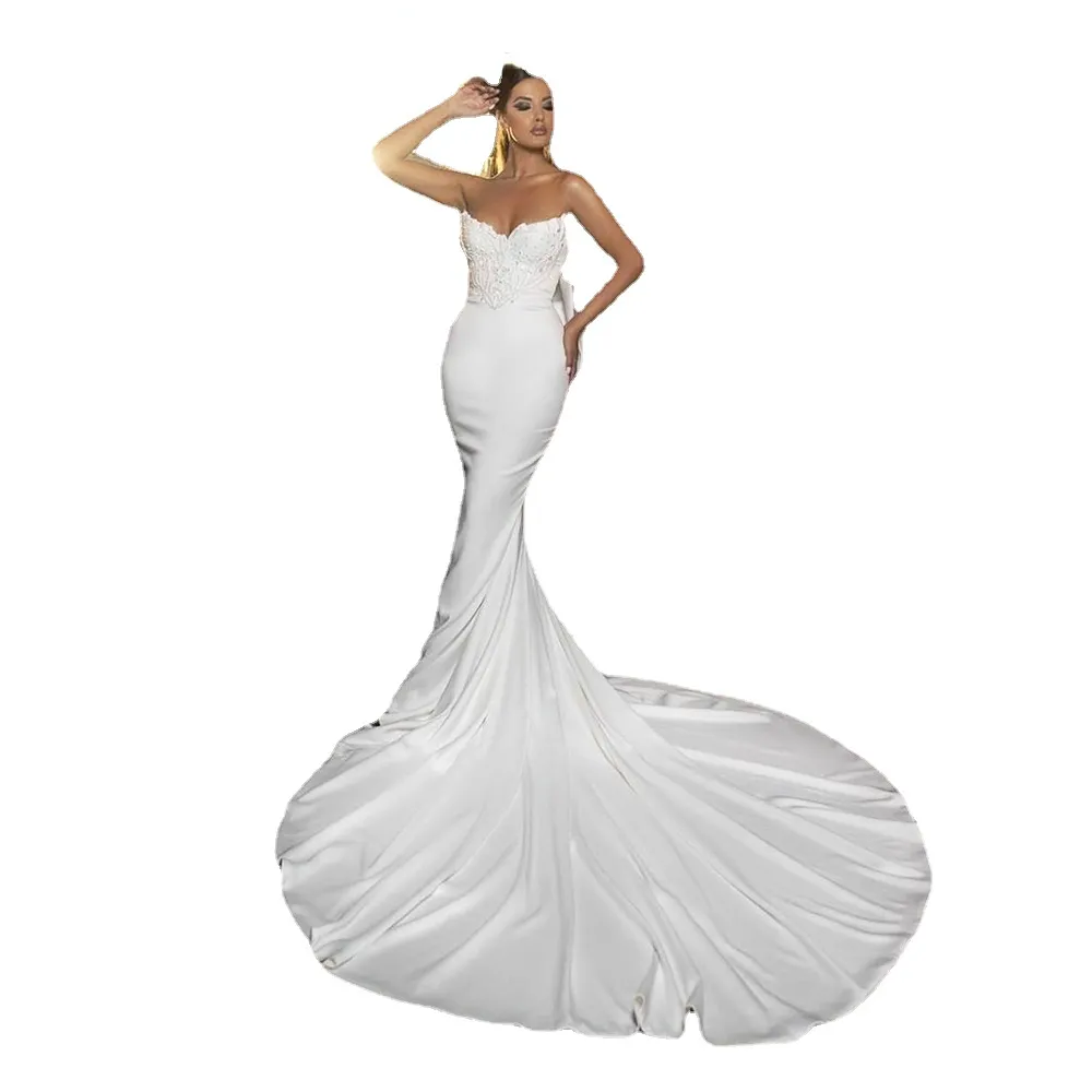 Suknie ślubne Sodigne Mermaid z Bowknot White Satin Lace Bride sukienki ukochane koronki do tyłu vestidos de novia