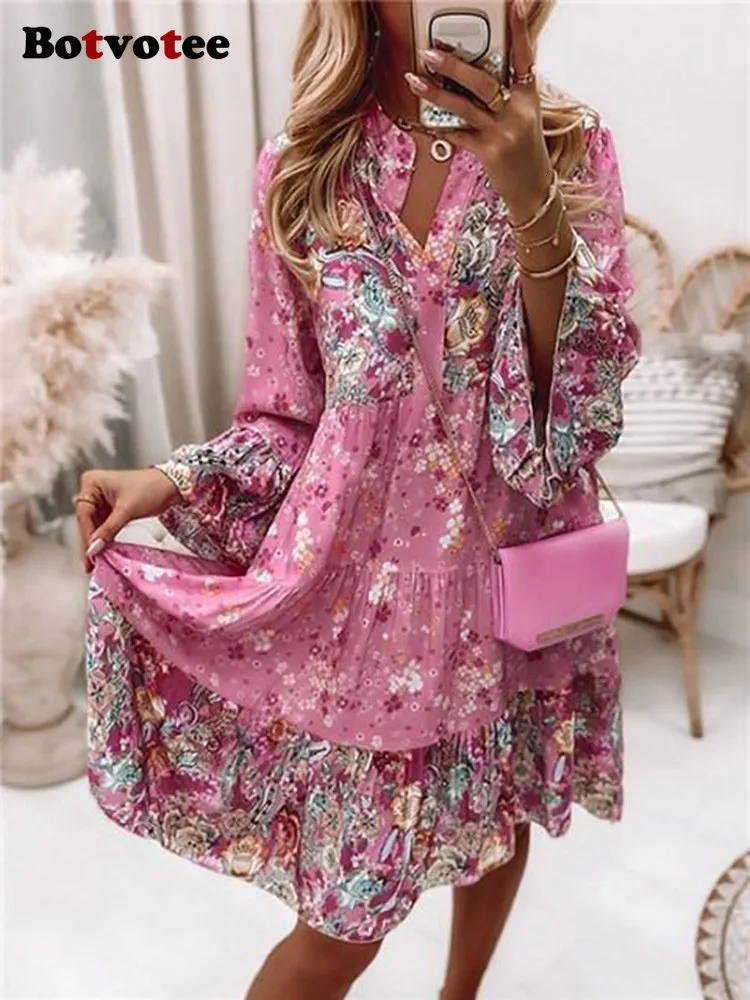 Robes décontractées Vintage fleur imprimé robe femmes élégantes manches scintillantes panneau plissé mini robe femmes col en V lâche bohème robe de plage 230410