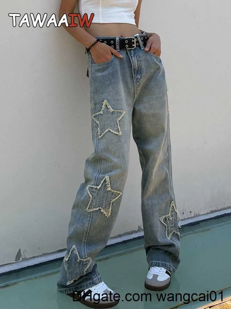 Damenjeans Tawaaiw Streetwear Blaue Pentagramm-Jeans mit hoher Taille Y2k Korean Sty Hip Hop Straight Denim Boyfriend-Jeans für Damenhosen 0410H23