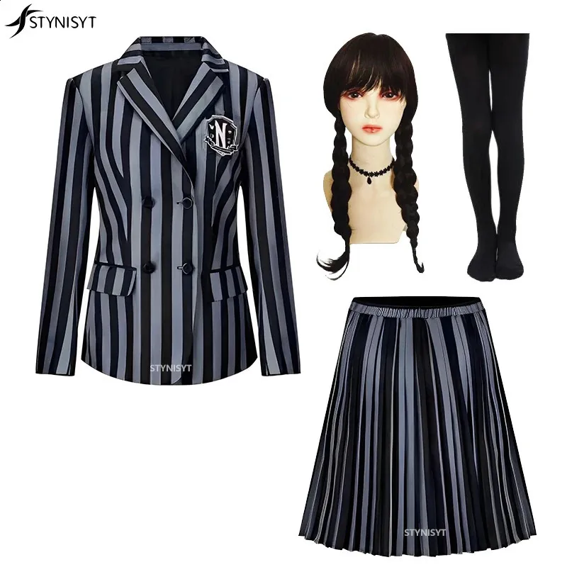 Girl's Dresses Kids Wednesday Addams Family Cosplay Costume Clothes Set Girls Outfits Vintage Black Printing Halloween Role 231109